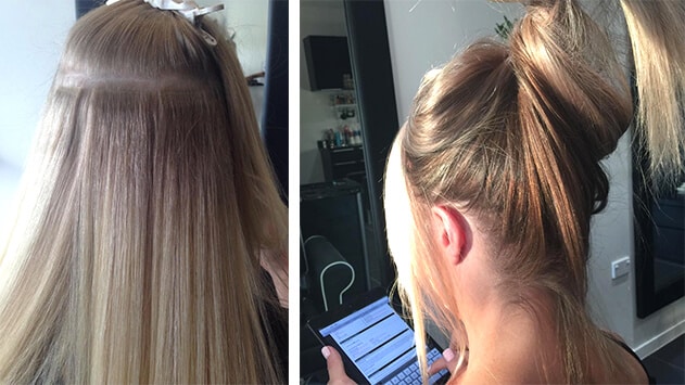 What are Skin Weft Hair Extensions? 4 | Emilly Hadrill: Hair Extensions in Gold Coast, Brisbane, Melbourne & Sydney Skin weft extensions before & after application at EH Hair salon