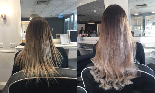 Tape hair extensions before and after, full head skin weft, EH Hair & Extensions Gold Coast